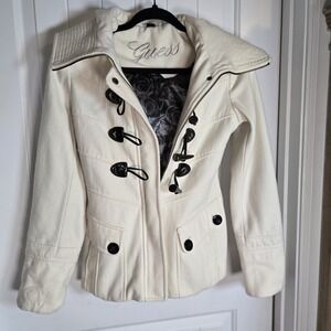 Women's Guess Long Sleeve Toggle Coat Ivory W/ Buttons Size XS Wool